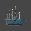 Detailed Wooden Ship Model With Blue Hull White Sails Marine Lettering And Cannon Ports