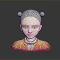 Woman Sculpture Bust with Light Blue Buns Green Collar and Orange Pink Gradient Clothing