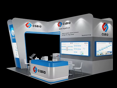 CSBIO Exhibition Booth with Modern Blue and Gray Design Reception Desk and Display Screens 3d model