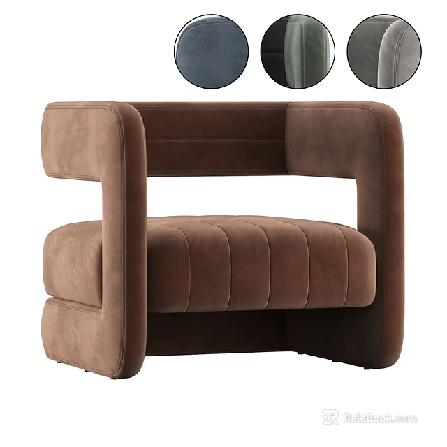 Brown Velvet Single Seater Sofa With Square Armrests And Tufted Design 3d model 