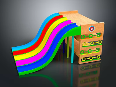 Wooden Playground Slide Structure with Wavy Colorful Slide Green Accents and Circular Holes Design 3d model