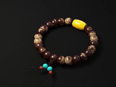 Handcrafted Jewelry Bracelet With Dark Wooden Beads Yellow Accent And Blue Red Small Tassel Ends 3d model
