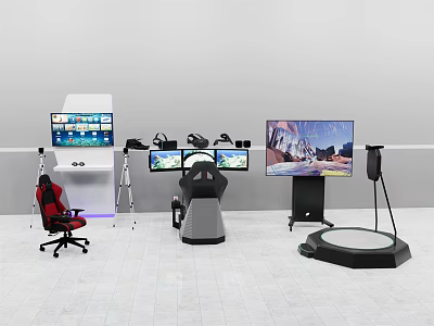 Smart Machine Setup Featuring VR Headsets Multiple Monitors Ergonomic Chair And Interactive Console 3d model