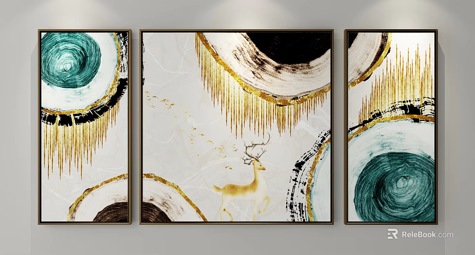 Abstract Decorative Paintings With Golden Lines Blue Black Circles And Golden Deer 3d model 