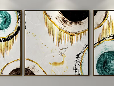Abstract Decorative Paintings With Golden Lines Blue Black Circles And Golden Deer 3d model