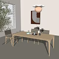 Minimalist Light Wood Dining Table Set With Four Chairs And Decorative Plants