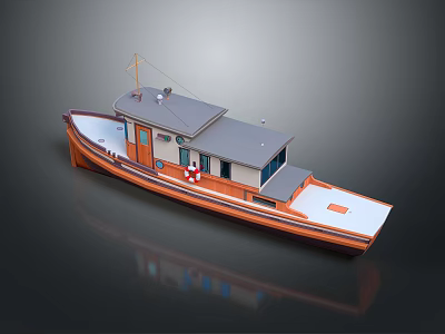 Classic Wooden Water Transportation Boat With Gray Roof Small Windows Lifebuoy And White Deck 3d model