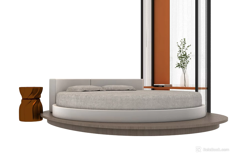 Modern Round Bed with White Mattress Brown Stool and Plant Near Black Frame Partition 3d model 