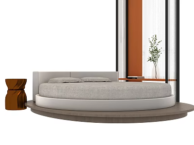 Modern Round Bed with White Mattress Brown Stool and Plant Near Black Frame Partition 3d model