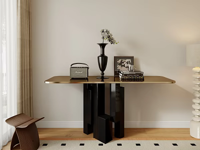 Modern Console Table with Vase Flowers Vintage Radio Books and Framed Picture on Wooden Floor 3d model