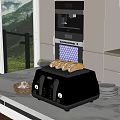 Black Toaster With Toasted Bread In Modern Kitchen Interior With Coffee Machine And Plates 3d model