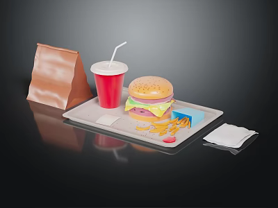 Delicious Fast Food Tray With Hamburger Fries Soda And Paper Bag 3d model