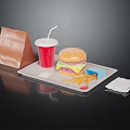 Delicious Fast Food Tray With Hamburger Fries Soda And Paper Bag