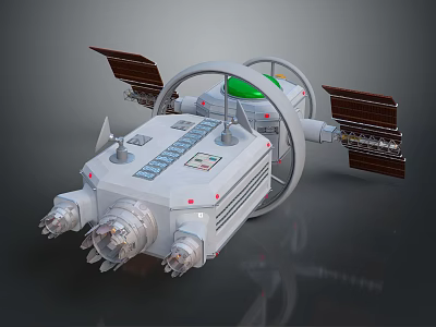 Detailed Spacecraft Model With Solar Panels Wheel Structure Green Dome And Thrusters 3d model
