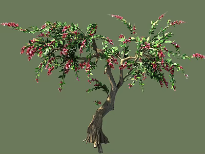 Ornamental Arbor Tree With Twisted Trunk Green Leaves And Red Flowers 3d model