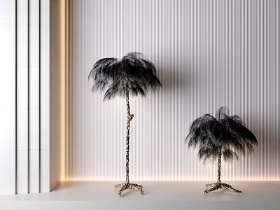 Decorative Feather Floor Lamps With Golden Claw Base And White Vertical Striped Wall 3d model