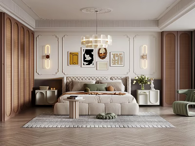 Modern Elegant Bedroom Interior With Bed Decorative Paintings Pendant Light Nightstands And Accent Chair 3d model