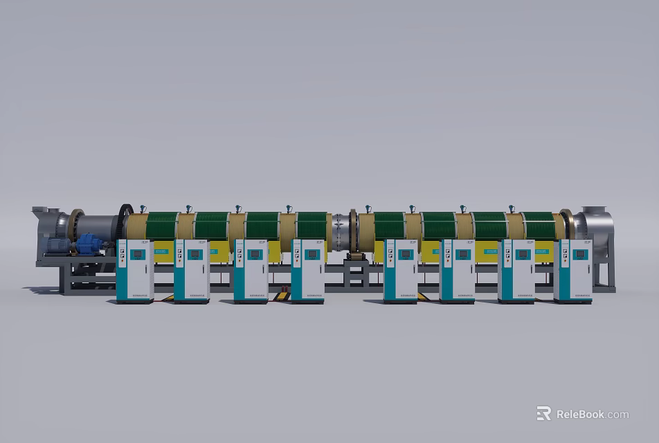 Industrial Production Line Equipment With Multiple Green White Control Units 3d model 