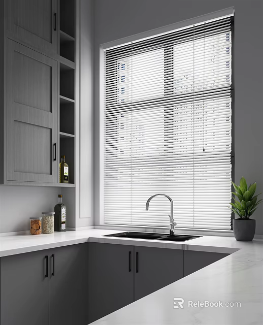White Window Blinds in Modern Kitchen with Gray Cabinets Sink and Green Plant 3d model 