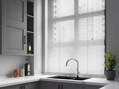 White Window Blinds in Modern Kitchen with Gray Cabinets Sink and Green Plant 3d model