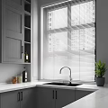 White Window Blinds in Modern Kitchen with Gray Cabinets Sink and Green Plant