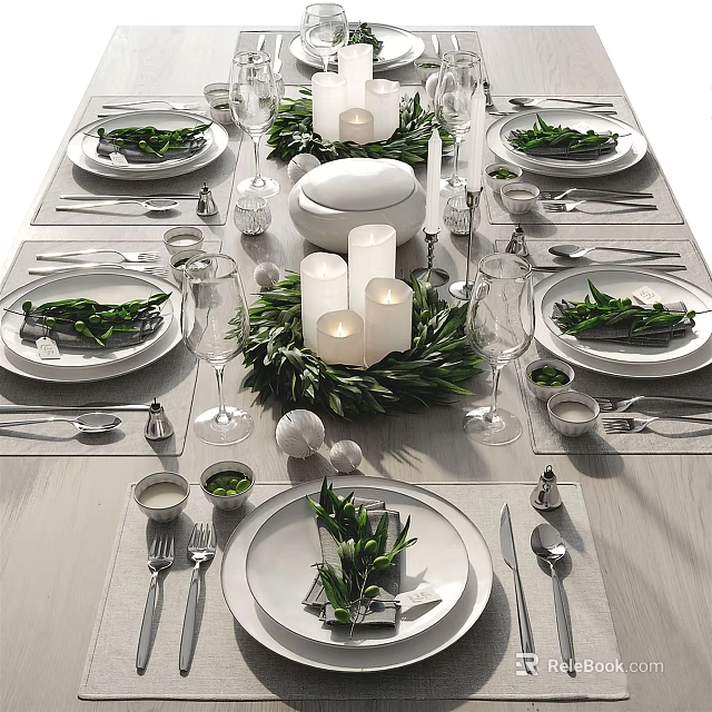 Elegant Dinnerware Set Table Setting With Green Leaf Candles Wine Glasses And Silver Cutlery 3d model 