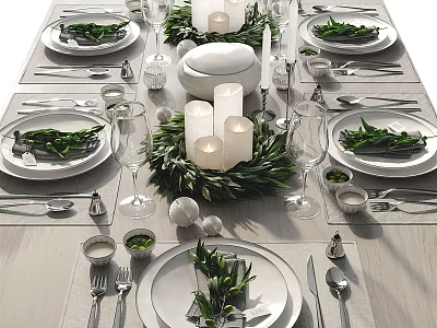 Elegant Dinnerware Set Table Setting With Green Leaf Candles Wine Glasses And Silver Cutlery 3d model