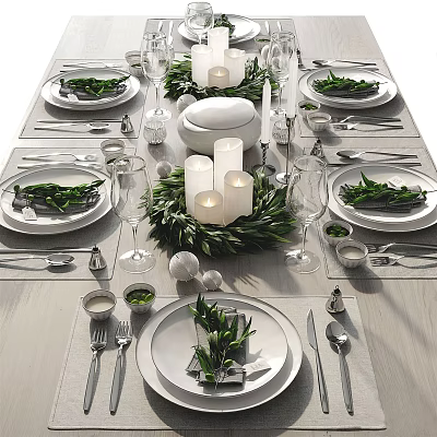 Elegant Dinnerware Set Table Setting With Green Leaf Candles Wine Glasses And Silver Cutlery 3d model