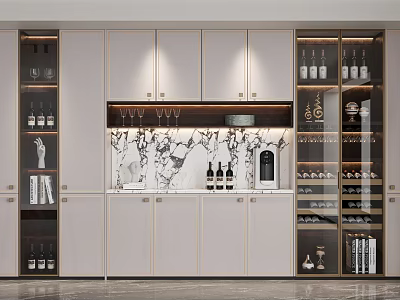 Modern Wine Cabinet Design With Glass Doors Marble Countertop Built-in Lighting And Wine Bottle 3d model