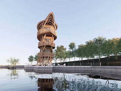 Modern Wooden Spiral Tower By Waterfront With Trees And Clear Reflection Design 3d model