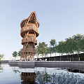 Modern Wooden Spiral Tower By Waterfront With Trees And Clear Reflection Design