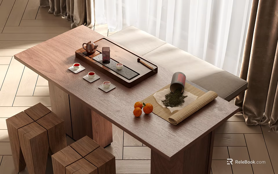 Modern Tea Table and Chairs with Tea Set Tray Leaves Oranges and Natural Light 3d model 
