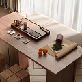 Modern Tea Table and Chairs with Tea Set Tray Leaves Oranges and Natural Light