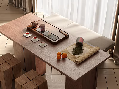Modern Tea Table and Chairs with Tea Set Tray Leaves Oranges and Natural Light 3d model