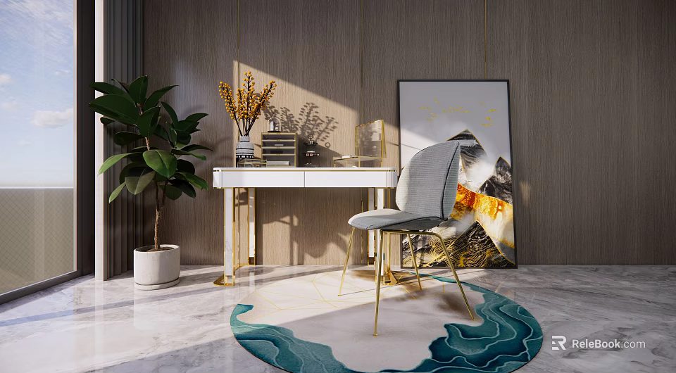 Modern Dressing Table With Golden Legs White Countertop Gray Chair Green Plant And Decorative Painting 3d model 