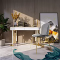 Modern Dressing Table With Golden Legs White Countertop Gray Chair Green Plant And Decorative Painting