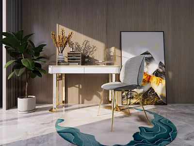 Modern Dressing Table With Golden Legs White Countertop Gray Chair Green Plant And Decorative Painting 3d model