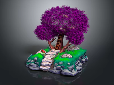 Cartoon Scene With Purple Tree Staircase Green Grass Stony Path Red Mushroom Gray Stone Rim 3d model