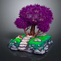Cartoon Scene With Purple Tree Staircase Green Grass Stony Path Red Mushroom Gray Stone Rim