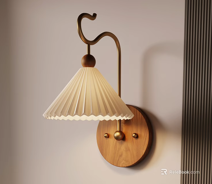 Modern Wall Lamp With Wooden Base Metal Arm And Pleated White Lampshade 3d model 
