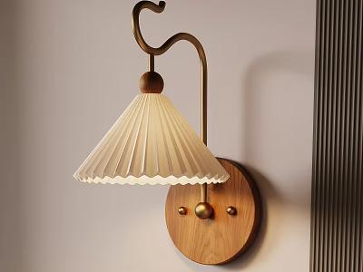 Modern Wall Lamp With Wooden Base Metal Arm And Pleated White Lampshade 3d model