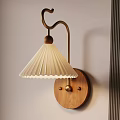 Modern Wall Lamp With Wooden Base Metal Arm And Pleated White Lampshade
