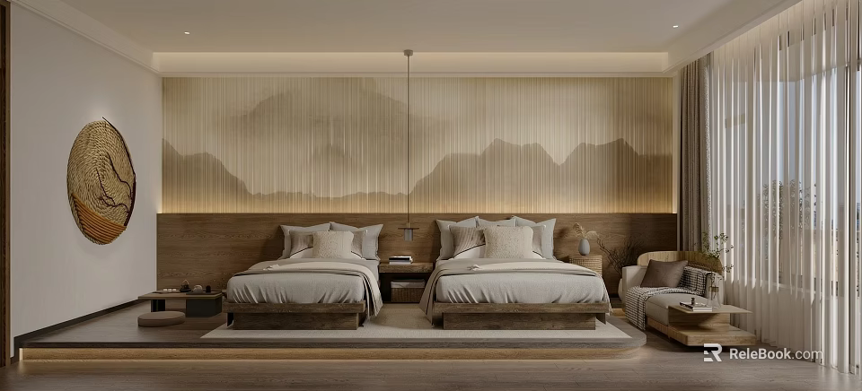 Hotel Guest Room Interior With Twin Beds Mountain Pattern Wall And Plush Pillows 3d model 
