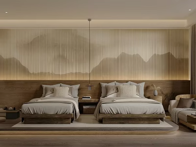 Hotel Guest Room Interior With Twin Beds Mountain Pattern Wall And Plush Pillows 3d model