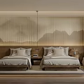 Hotel Guest Room Interior With Twin Beds Mountain Pattern Wall And Plush Pillows