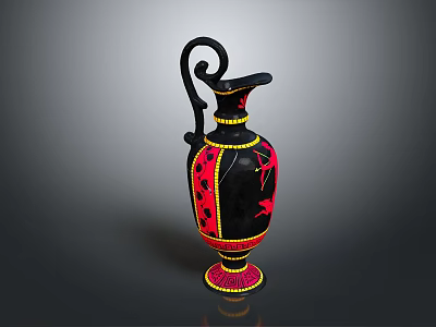 Decorative Black And Red Vase With Curved Handle Golden Accents And Intricate Red Patterns 3d model