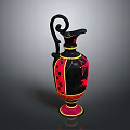 Decorative Black And Red Vase With Curved Handle Golden Accents And Intricate Red Patterns