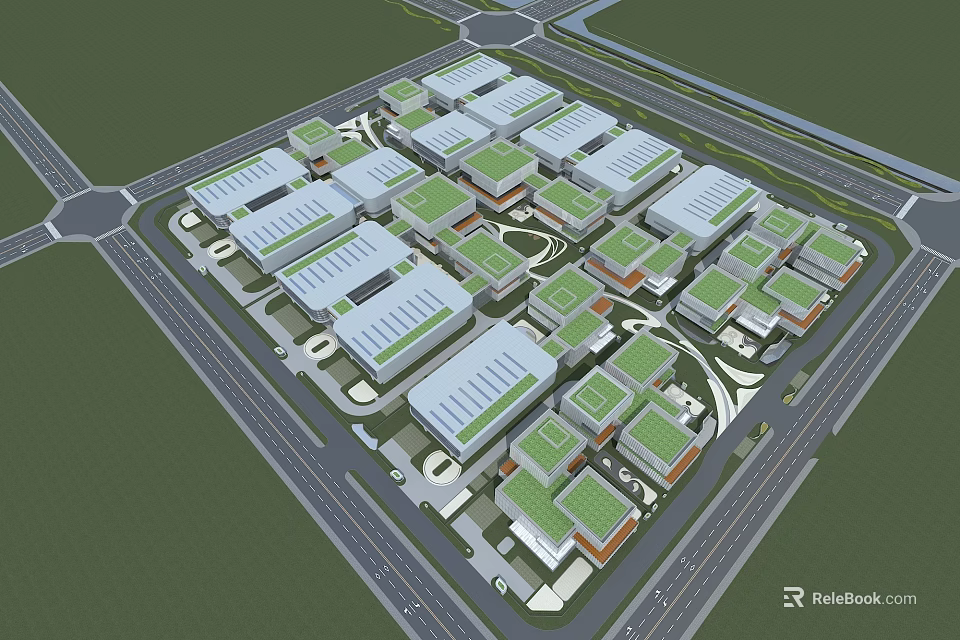 Industrial Factory Overall Layout With Multiple Buildings Surrounding Roads And Green Roofs 3d model 