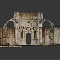 European Architectural Ruins Model with Arched Doorways Stone Columns and Climbing Vines
