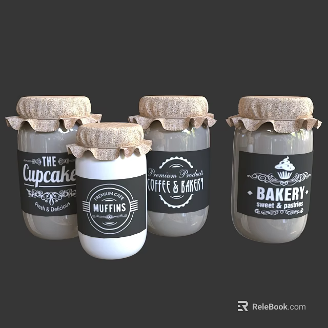 Glass Jars With Labels For Bakery Items Like Cupcake Muffins 3d model